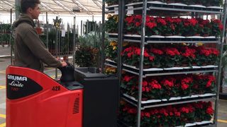 Der T20 SP Stapler von Gruma beim Transport eines CC-Containers. Die Behältnisse dienen als Transportbehältnis und als Verkaufsregal von Pflanzenware. (Erwin Hackenberg, Dehner Logistik GmbH & Co. KG)