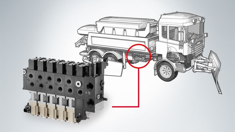 Für Kommunalfahrzeuge stehen die modularen Steuerblöcke mit Onboard-Elektronik vom Typ PSL-CAN zur Auswahl. Diese bieten eine einfache Inbetriebnahme, Condition Monitoring und On-Site-Parametrierung.(Bild:  Hawe Hydraulik)