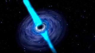 Neutron-rich material is ejected from the disk, enabling the rapid neutron-capture process (r-process). The light blue region is a particularly fast ejection of matter, called a jet, which typically originates parallel to the disk's rotation axis. (National Radio Astronomy Observatory, USA)