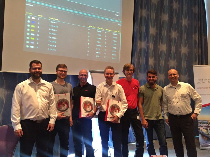 Am zweiten Tag steht das Sieger-Team der „Threat Defense Challenge“ fest: (v. l.) Marc Lanzendorfer (Trend Micro), Jona Ridderskamp (antauris), Kai Brandt (CANCOM), Philipp Behmer (Trend Micro), Gerd Dettweiler (Controlware), Andreas Papadaniil ()antauris) und Kay Bandemer (Trend Micro) (Trend Micro)
