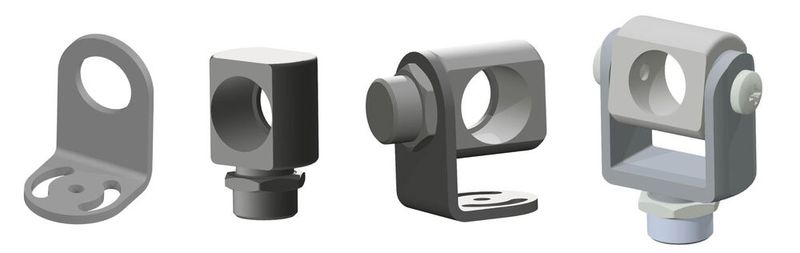 Zur Montage der Messköpfe für die zweiteiligen Systeme steht eine Reihe an Zubehör zur Verfügung. Links: ein Montagewinkel und daneben ein Montagebolzen (beide justierbar in einer Achse) sowie die Kombination beider Lösungen (justierbar in zwei Achsen). Ganz rechts: eine Montagegabel, die sich ebenfalls in zwei Achsen justieren lässt. (Bild: Ipf electronic)