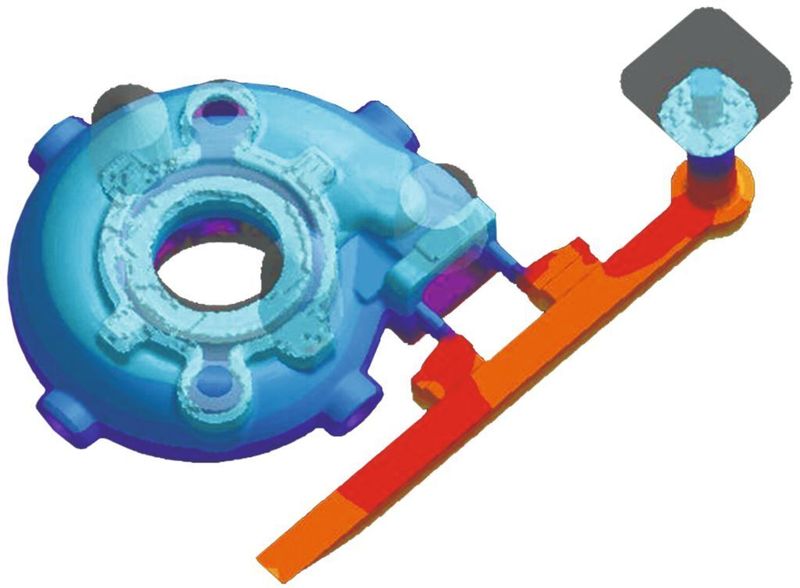 Bild 1: Simulierte Temperaturverteilung während der Formfüllung für ein im Sandguss gefertigtes Pumpengehäuse, um Aufschluss über das Fließverhalten der Schmelze zu erhalten. Bild: von Roll Casting (Archiv: Vogel Business Media)