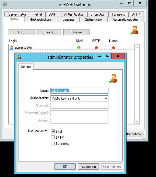 Abbildung 6: Für den SSH-Zugriff auf Windows Server 2012 müssen Administratoren einen Benutzer für den SSH-Server eintragen. (Bild: Joos)