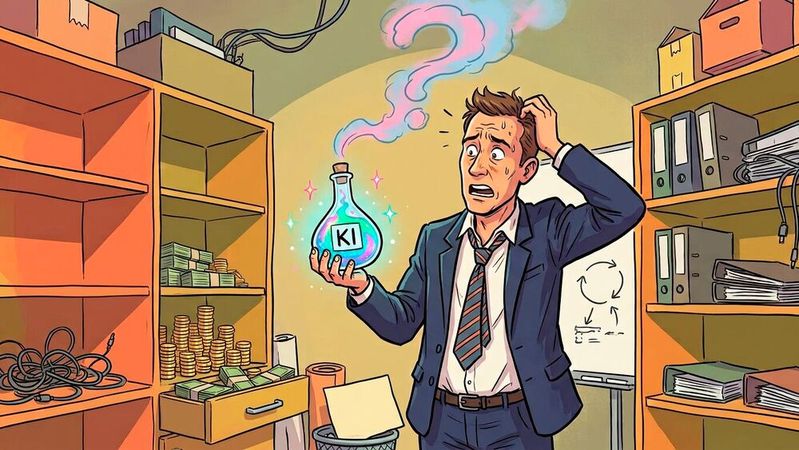 Viel investiert, wenig erreicht: Vielen deutschen Unternehmen fehlt eine klare Vorstellung davon, wofür sie KI eigentlich einsetzen wollen.(Bild:  Gemini / KI-generiert)