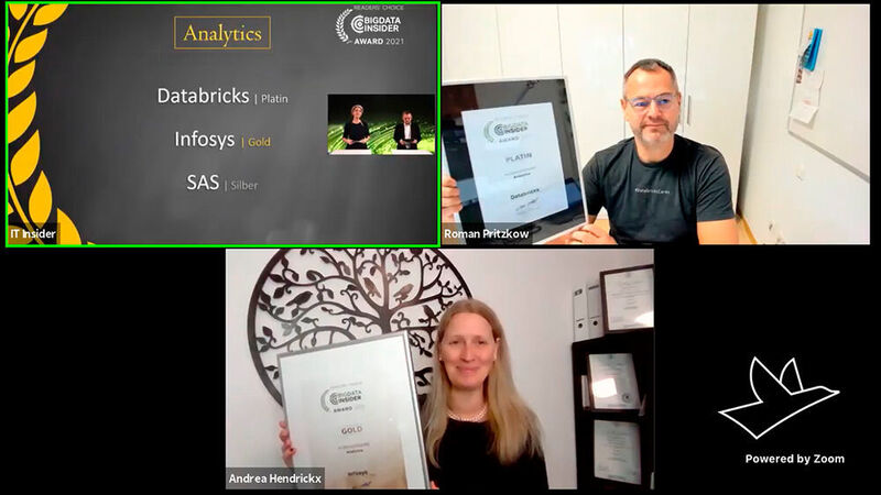 In der Kategorie Analytics nahm Roman Pritzkow für Databricks den Award in Platin in Empfang und Andrea Hendrickx den Award in Gold für Infosys. Silber ging an SAS.  (Vogel IT-Medien)
