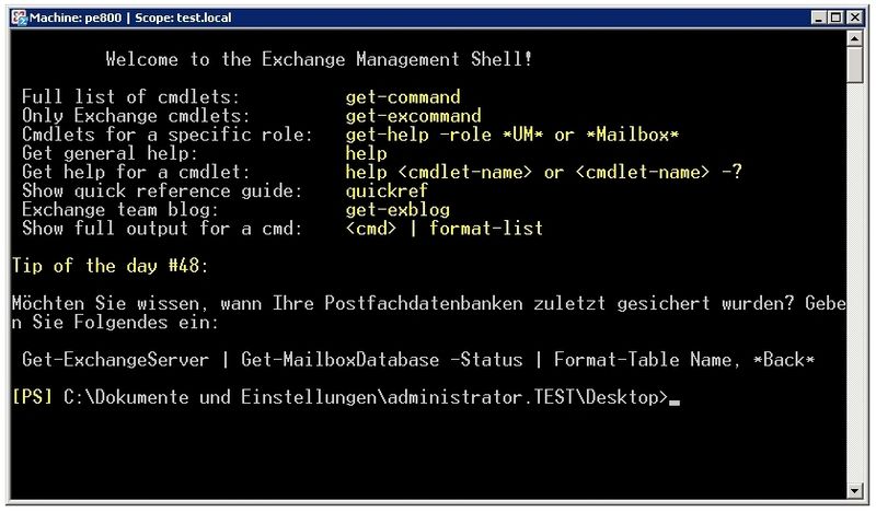 Abbildung 1: Bei Aufruf der Exchange Management-Shell wird eine Windows Powershell mit Erweiterungen gestartet. Voreingestellt ist der Tipp des Tages, der später aus dem Link entfernt werden kann (Archiv: Vogel Business Media)