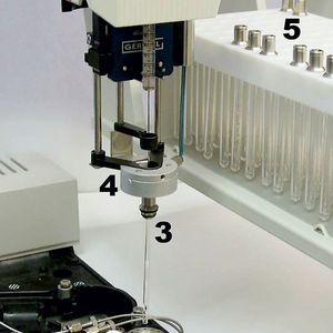 Abb.1a: ALEX (Automated Liner Exchange
= Automatischer Liner-
Wechsel) installiert auf einem
GC 6890 Agilent Technologies,
der mit einem KAS 4 (1) ausgestattet
ist sowie mit einem
Alex-Unterstützerkopf auf dem
KAS 4 (2), Transportadaptern
mit Septum für die Liner (3),
elektrischem Greifer für die
Transportadapter (4), Probenteller
für die Aufbewahrung von
bis zu 97 frischen und gebrauchten
Linern (5) und Autosampler-
Aufbau mit Flüssigspritze (6).