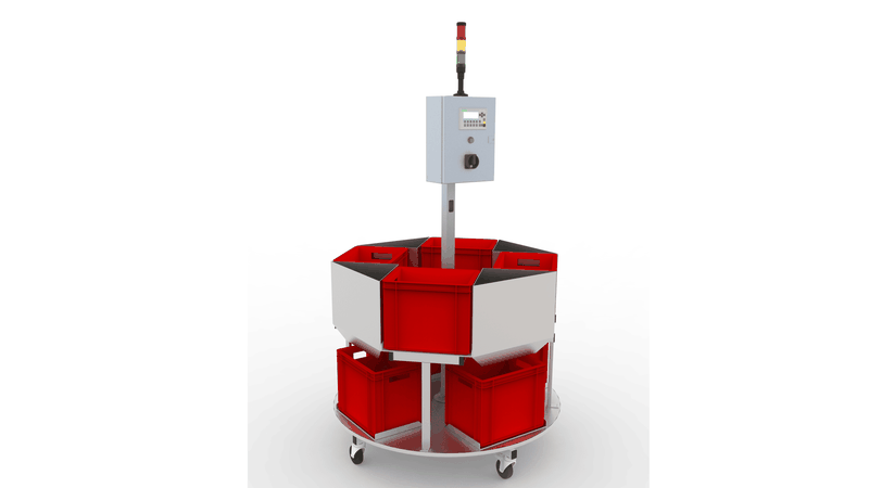 Karussell-Depotstation AUA 202 zur Teilepufferung. Die Anlage benötigt nur wenig Raum und bevorratet Material in acht Behältern.(Bild:  MFT Technik)