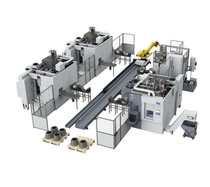 Wenn es um die wirtschaftliche Bearbeitung von Lkw-Trommelbremsen geht, dann empfiehlt Emag einen Roboter zur Beladung von vier vertikalen Pick-up-CNC-Drehmaschinen des Modells VL 8. (Bild: Emag)