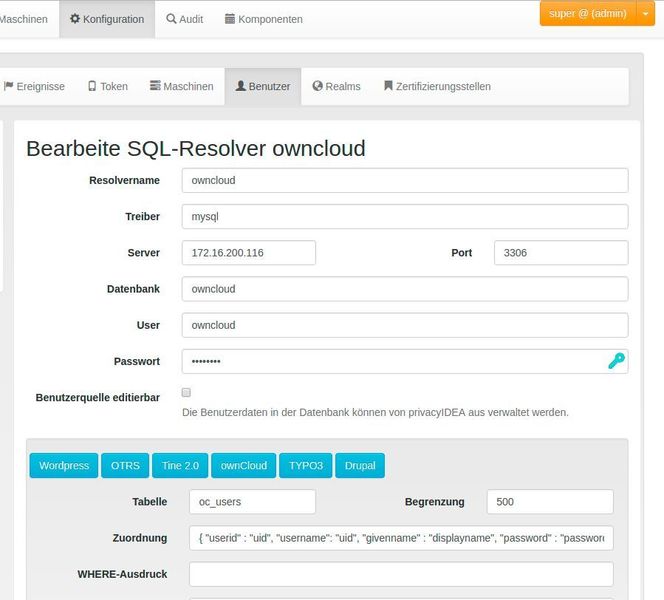 Ist privacyIDEA auf einem anderen System als ownCloud installiert, so muss dem privacyIDEA System der Zugriff auf die ownCloud Datenbank ermöglicht werden. Im Unternehmensumfeld werden in den meisten Fällen die Benutzer allerding in einem LDAP oder Active Directory liegen. Dann erstellt der Administrator einen neuen LDAP-Resolver. (C. Kölbel)