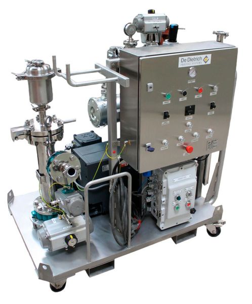 Dank kompakter, fahrbarer Bauweise lässt sich die Mobile Powder Pump von De Dietrich  flexibel an unterschiedliche Prozess- und Aufnahmebehälter anschließen. (Bild: De Dietrich)