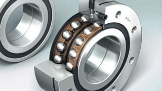 Double-row axial angular contact ball bearings are used as the ball screw support bearings. (NSK)