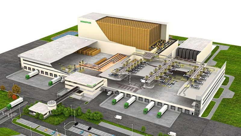 Die Kleinteilelagerung bei Schaeffler erfolgt in einem sechsgassigen AKL. Auf zwei Ebenen übereinander arbeiten darin zwölf Regalbediengeräte vom Typ Schäfer Miniload Crane (SMC) und sorgen so für eine maximale Nutzung. (SSI Schäfer)