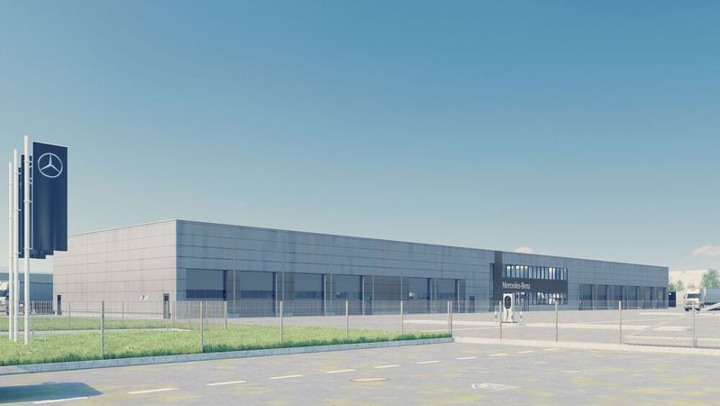 So soll das Nutzfahrzeugzentrum von Daimler Truck in Koblenz aussehen, wenn es 2028 eröffnet.(Bild:  Freyler Industriebau GmbH)