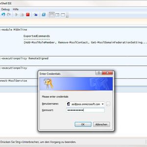 Um sich mit Office 365 zu verbinden, verwendet man das CMDlet „Connect-MsolService“. Es erscheint ein Anmeldefenster. Geben Sie hier die Daten für Ihr Office 365-Konto ein. In den meisten Fällen ist das die E-Mail-Adresse.