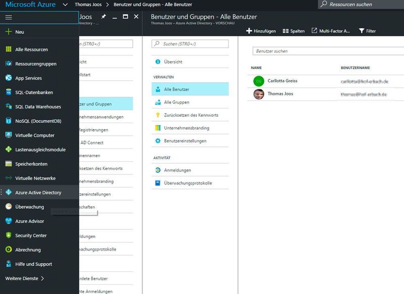 Im Webportal lassen sich auch die Benutzerkonten in Azure AD verwalten sowie mit einem lokalen AD synchronisieren. (Joos / Microsoft)