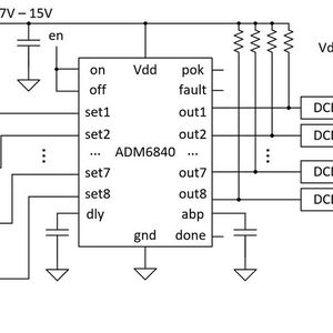 Bild 2: Der Sequenzer und Überwachungsbaustein ADM6840, der keine Programmierung benötigt und bis zu 8 Spannungen versorgen kann.(Bild:  ADI)