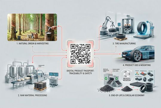 Der Digital Product Passport (DPP) macht den Lebenszyklus eines Autoreifens sichtbar – von der Kautschukgewinnung in der Natur über Herstellung und Nutzung bis hin zum Recycling.(Bild:  Leibinger)