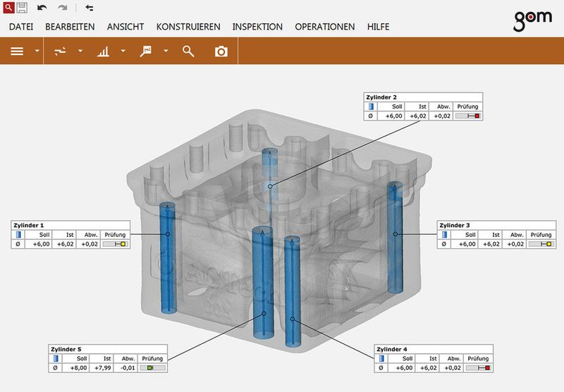 GOM Inspect ist eine frei Software für die 3D-Evaluation mit CT-Datenimport. Hier bei der Untersuchung eines Zylinderblocks. (GOM)