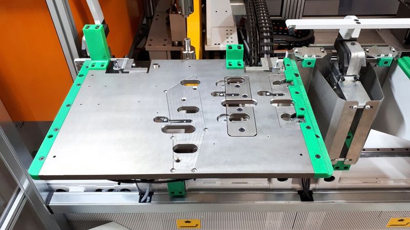 Keine Chance dem Fehlerteufel! Denn auf dem Arbeitstisch der TOX-Clinchanlage sind die Positionen für die zu fügenden Blechtypen klar vorgegeben.  (Bild: TOX Pressotechnik)