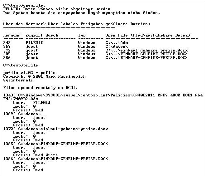 Abbildung 5: In der Eingabeaufforderung zeigen Administratoren geöffnete Dateien schnell und effizient mit Zusatztools oder Bordmitteln an. (Bild: Joos)