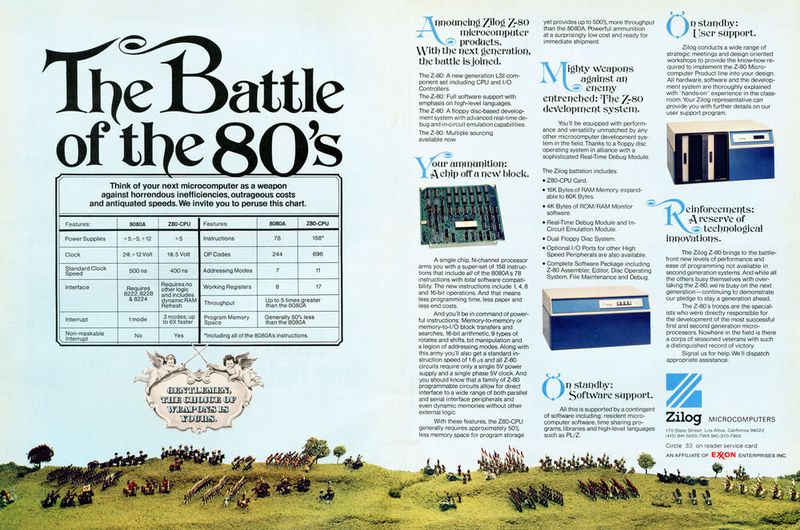 Kampfansage: Als der Zilog Z80 angekündigt wurde (hier in einer Zeitschriftenwerbung aus dem Mai 1976), wurde er gezielt als direkter Konkurrent zum Intel 8080 platziert. Federico Faggin und Matsushita Shima, die gemeinsam die ersten Intel-Prozessoren erst möglich gemacht hatten, waren unzufrieden mit der nachlässigen Art, mit der ihre ehemaligen Bosse das brandneue CPU-Geschäft behandelten. Sie gründeten die Firma Zilog mit der Absicht, all die Verbesserungen in Prozessoren anzubieten, die Intel nicht für nötig erachtete. (Bild: frei lizenziert)