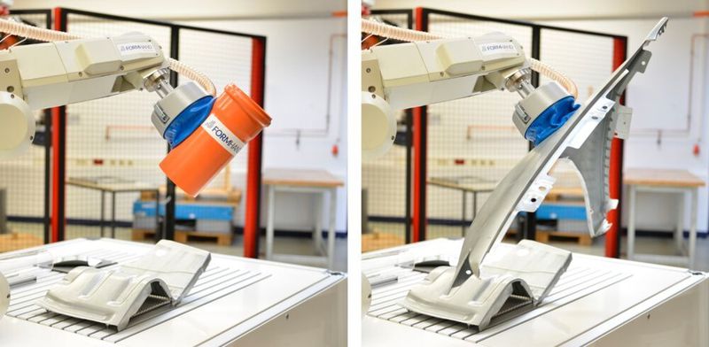 Der Formhand-Greifer FH-R150 greift zwei sehr verschiedene Objekte ohne Wechseln oder Umrüsten. Links ein Rohrzuschnitt, rechts ein PKW-Kotflügel. (Formhand)