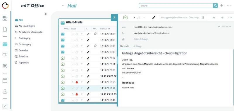 E-Mails lassen sich in „mIT Office“ einfach freigeben oder im Chat besprechen. Der Ampelstatus zeigt, welche Aufgaben noch offen, in Arbeit oder bereits erledigt sind. (Bild: mitteldeutsche IT GmbH)