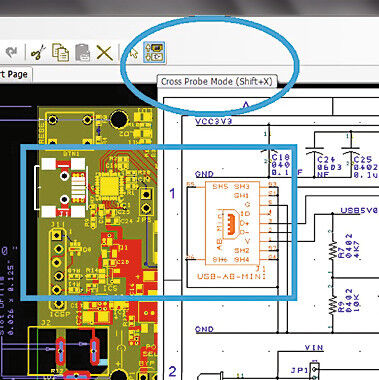 DesignSpark PCB V6: Cross Probe zeigt Bezüge zwischen Schaltplan- und Leiterplattenansicht (Bild: RS Components)