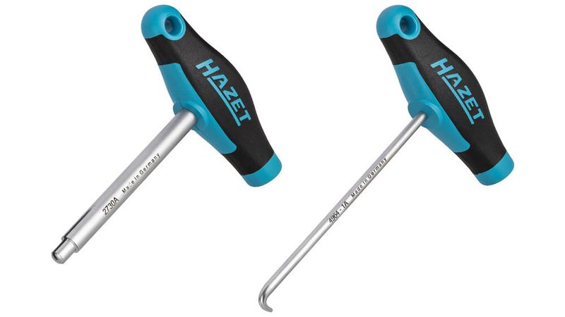 Der T-Griff für die Montage der Zugfedern (4964-1A) kostet 18,80 Euro netto, der für die Haltefedern des Handbremsbacken (2730A) 23 Euro netto. (Bild: Hazet)