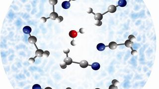 Schematische Darstellung eines Wassermoleküls, welches von Acetonitrilmolekülen umgeben ist.  (Bild: HZB)