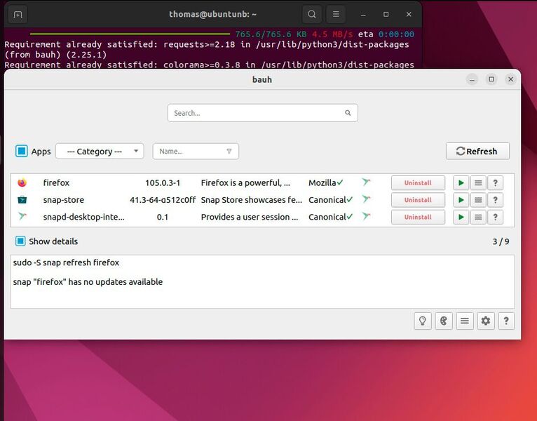 Der Paketmanager bauh ermöglicht die Verwaltung der bereits installierten Anwendungen sowie die Installation zusätzlicher Anwendungen. (Bild: Joos / Bauh / Ubuntu)