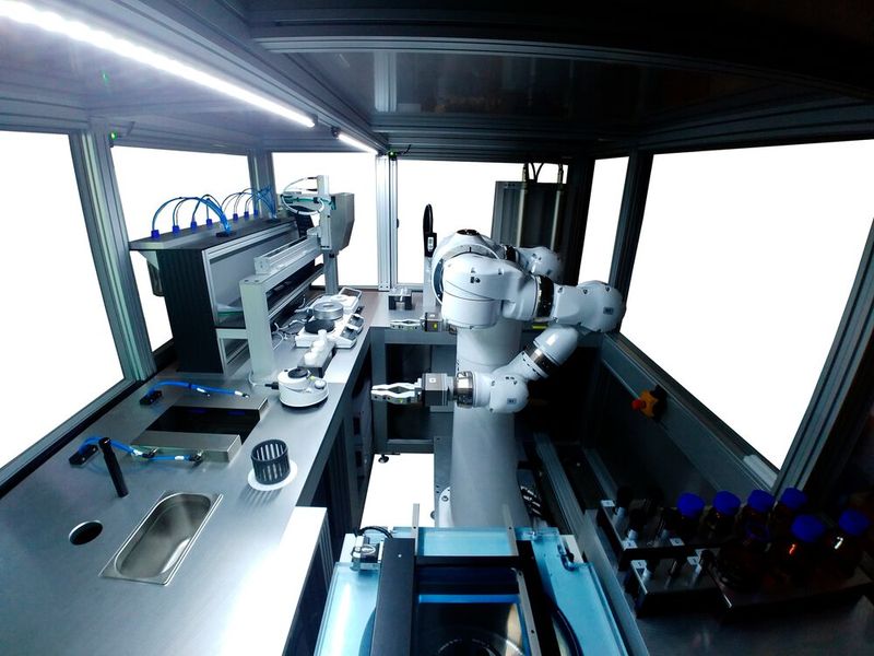 In einem aktuellen Entwicklungsprojekt werden mit dem CSDA10F etwa ein Dutzend Prozesse für die vollautomatische Produktion von Nanopartikeln verkettet ausgeführt. (Bild: Goldfuß engineering GmbH)