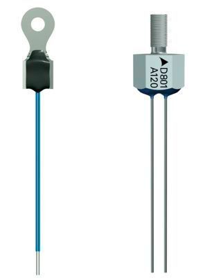 Bild 5, EPCOS NTC-Sensoren zur Kühlkörper-Montage: Dank der Laschen (links) bzw. des Gewindebolzens (rechts) ergibt sich bei diesen NTC-Sensoren ein sehr guter thermischer Kontakt zum Kühlkörper. (Bild: TDK)