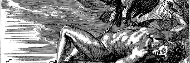 Der Titan Prometheus stiehlt nach Bestrafung durch Zeus den Göttern das Feuer. Zur Strafe wird er von dem Gott an das Kaukasusgebirge geschmiedet. Unfähig sich zu wehren, frisst ein Adler seine Leber, die sich allerdings täglich erneuert. Die Qual endet, als Held Herakles den Vogel per Pfeil tötet, und Zeus Prometheus letztlich begnadigt – soweit die griechische Mythologie. 