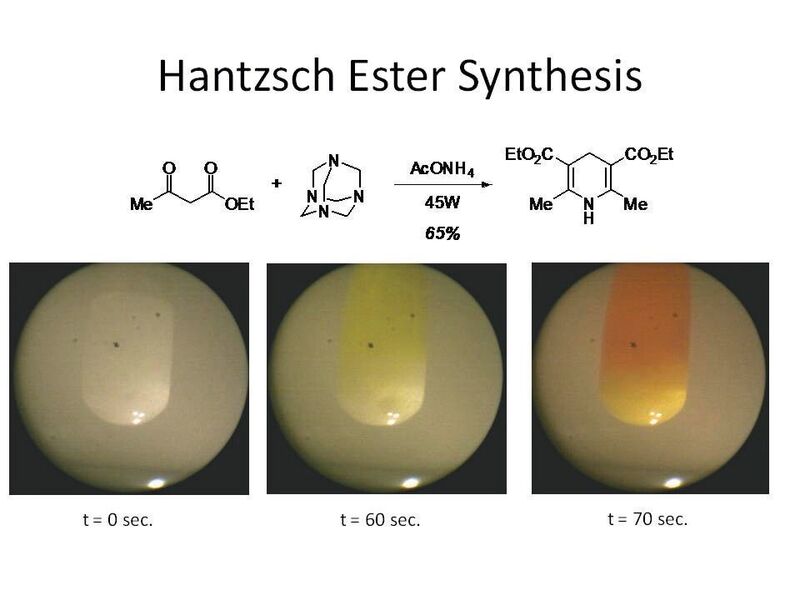 Abb.5: Bei der Hantzsch-Ester-Synthese lässt sich mit dem integriersten Kamerasystem der Farbumschlag der Reaktionsösung beobachten. (CEM)