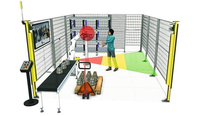 Dreidimensionales Mock-up einer MRK-Anwendung: Gefahr für die Werkerin geht vom Werkzeug am Roboterarm aus (roter Kreis). Als Sicherheitsmaßnahme ist ein Laserscanner, am Fließband befestigt, vorgesehen, der die Werkerin erkennt. Im grünen Bereich droht ihr keine Gefahr, im gelben bewegt sich der Roboter langsamer und im roten wird er angehalten.  (Fraunhofer-IPA)