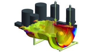 In MAGMASOFT simulierte Temperaturverteilung der Formfüllung für ein Stahlguss-Turbinengehäuse. Bild: Magma (Archiv: Vogel Business Media)