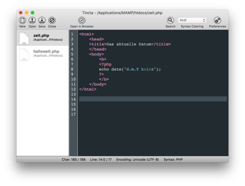 PHP-Code kann in HTML-Code eingebettet werden. Hier ein Beispiel für die Zeitausgabe in fetter Schrift. (Rentrop / Tincta)