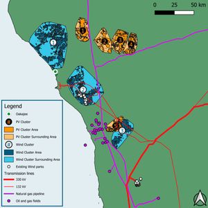 5 mögliche PV-Cluster und 3 potenzielle Onshore-Windkraft-Cluster wurden bei der Analyse identifiziert.(Bild:  Fraunhofer ISE)