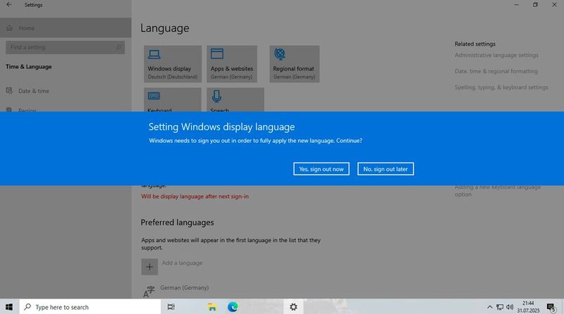 Für die Umstellung der Sprache muss vor der Verwendung von UpDownTool der Benutzer neu angemeldet werden. (Bild: Joos)