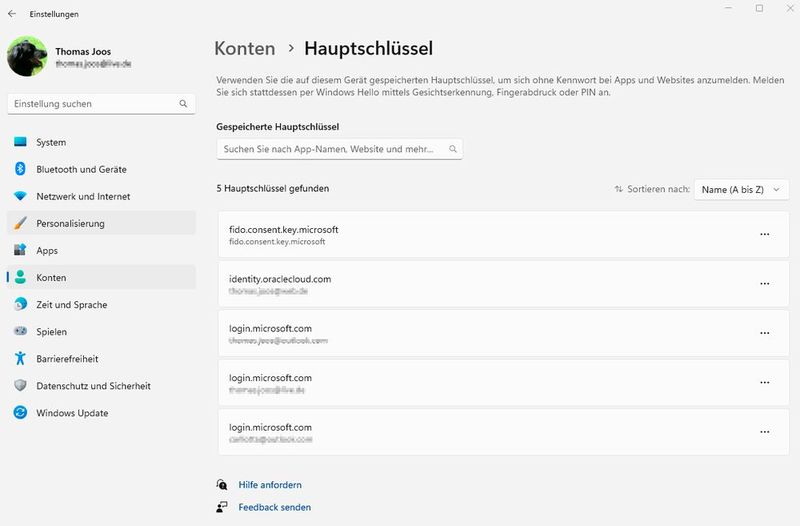 Anmeldeschlüssel lassen sich in den Einstellungen von Windows 11 anzeigen. (Bild: Joos)