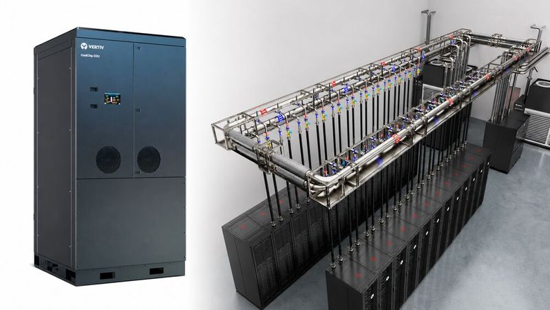 Mit der CDU „Coolchip 2300“ und dem Verteiler-System „Fluid Network“ bringt Vertiv zwei Kernkomponenten einer Flüssigkeitskühlung für Datacenter nach Europa. (Bild:  Vertiv)