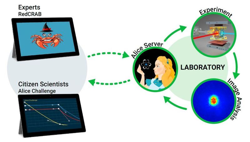 Ferngesteuertes Echtzeitprogramm der Alice-Challenge: Parameter von Experten (RedCRAB) und Bürgerwissenschaftlern (Alice Challenge) werden über eine Online-Cloud-Schnittstelle gesendet und in Echtzeit in experimentelle Sequenzen umgewandelt. Nach Durchführung des Experiments werden die Ergebnisse über die gleiche Cloud-Schnittstelle zurückgegeben. (Robert Heck et al., PNAS, vol. 115, No. 48)