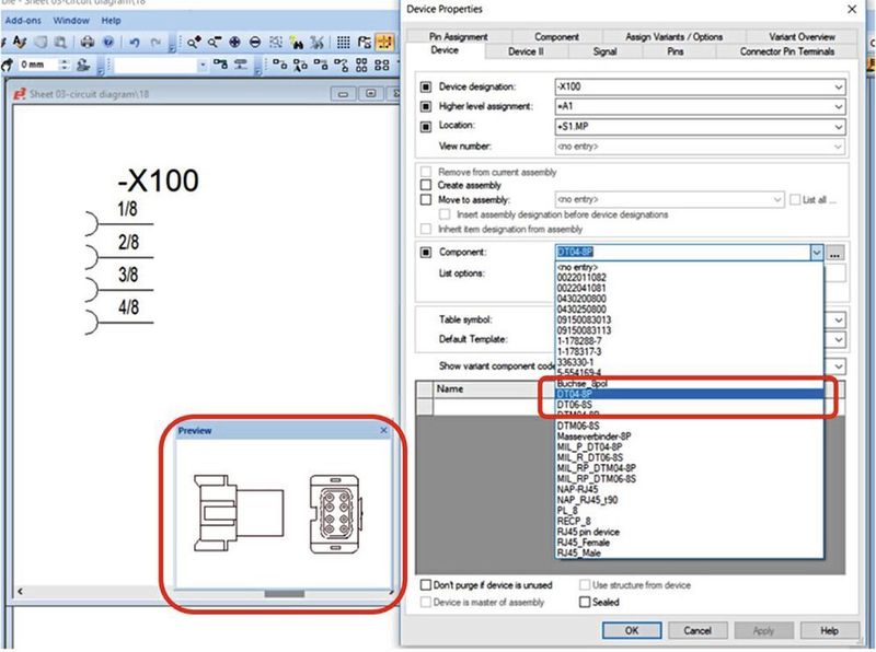 Bei der Auswahl eines Bauteiltyps wird das jeweilige Vorschausymbol des Bauteils dargestellt. (Zuken)