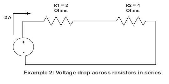 This image shows the voltage drop calculation across two resistors in series.(Source:  Venus Kohli)