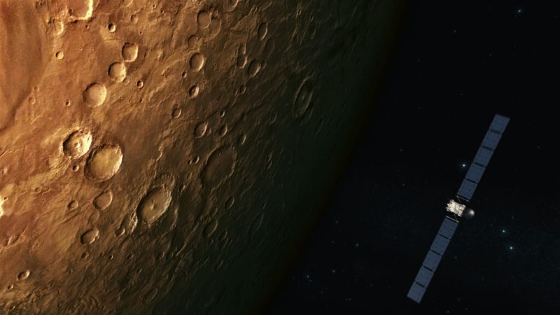 Rosettas Vorbeiflug am Mars im Februar 2007: Rosetta nutzt für die weite Reise die Anziehungskraft der Planeten. In der Nacht vom 24. zum 25. Februar 2007 hat die Kometensonde erfolgreich ein kritisches Swing-By-Manöver am Mars durchgeführt. (Video-Still aus 