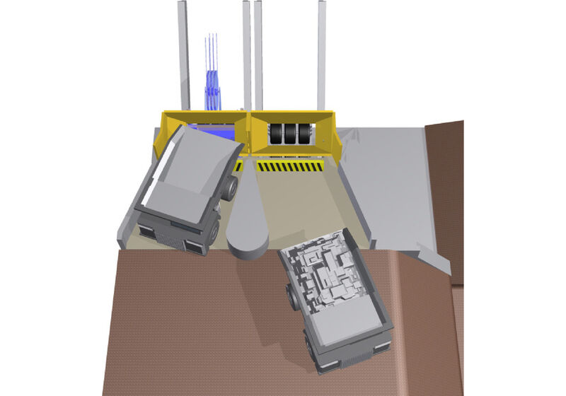 Fig. 8: 3D rendering of the skip loading facility at the bottom of the mine (top view). (Picture: Thyssenkrupp Fördertechnik)