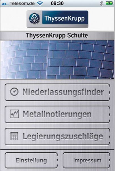 Die Thyssen-Krupp-Schulte-GmbH-Service-App dient der Suche von Niederlassungen, liefert aktuelle Metallnotierungen und Legierungszuschläge. (Bild: TK)