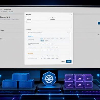 Die granulare Rollenkonfiguration in Kubermatic Virtualization 1.2 (Bild: Screenshot: Kubermatic // illustrativer Bildrahmen KI-generiert)